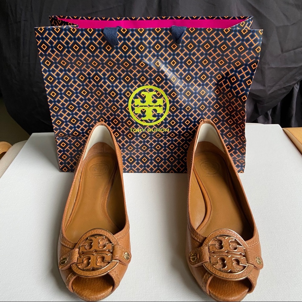 Tory Burch Open Toe Leather Wedge Tan
